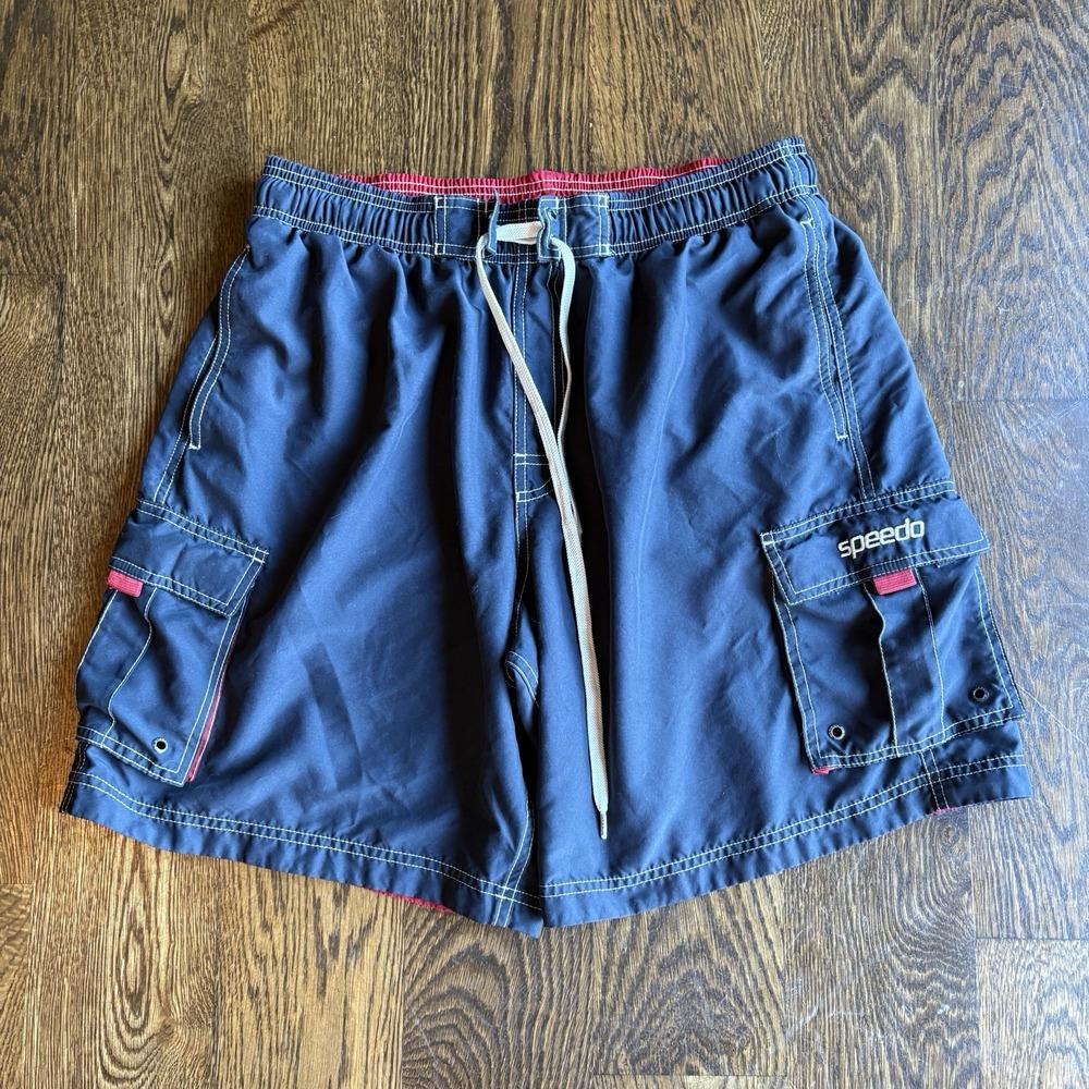 Vtg Y2K Speedo Cargo Swim Trunks Mens 32 Blue Red Contrast Stitch Board Shorts